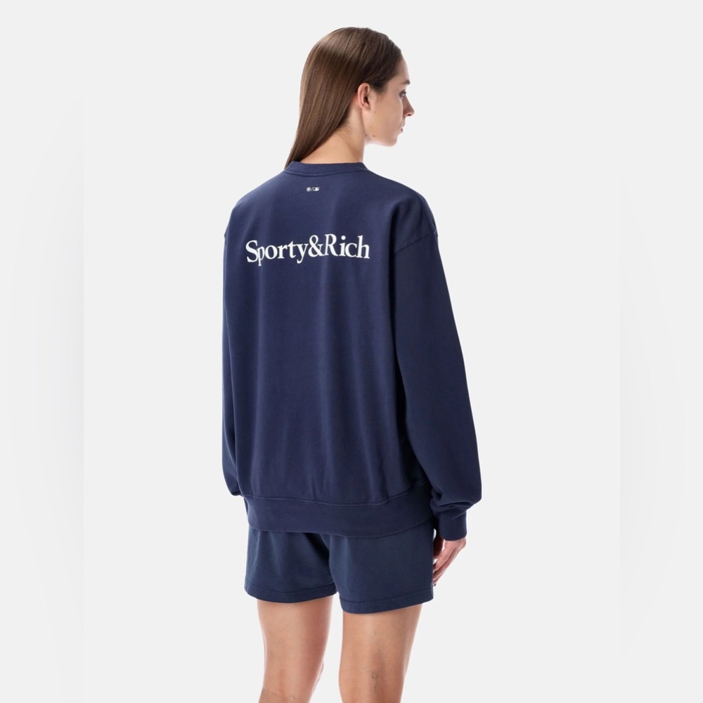 NWT Sporty & Rich Yankees Serif Crewneck Sweatshirt in Dark Navy - Picture 3 of 10